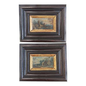 Pair of Flemish Cabinet Landscapes, Oil on Oak Panel, 17th Century.