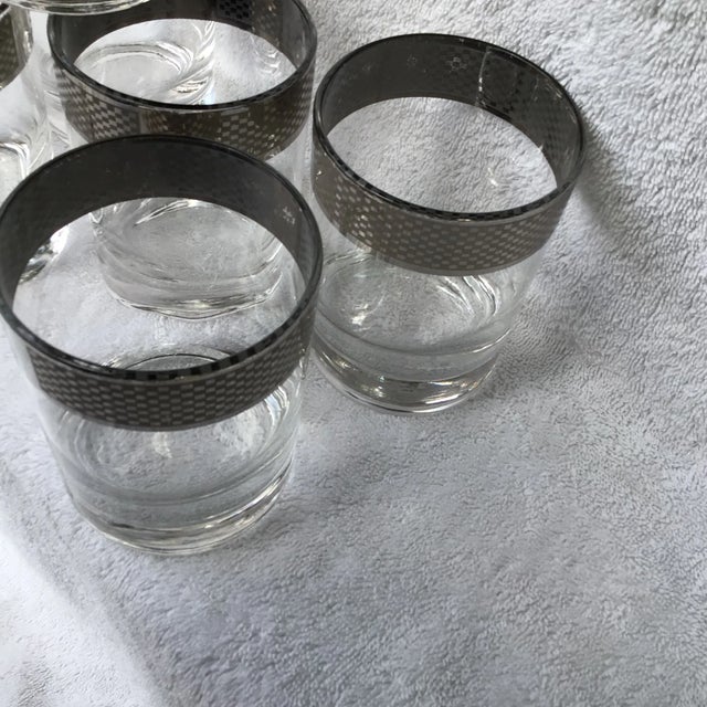 Platinum Band Rim Checkerboard Geometric Pattern Lowball Glasses-Set of 6 For Sale - Image 11 of 13