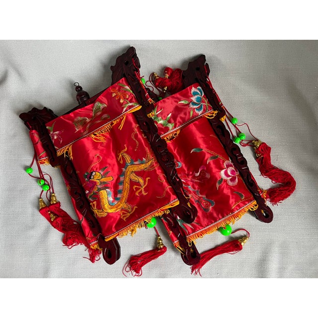 Vintage Mid 20th Century Red Chinese Palace Lanterns With Embroidered Dragons and Tassels - a Pair For Sale - Image 12 of 12