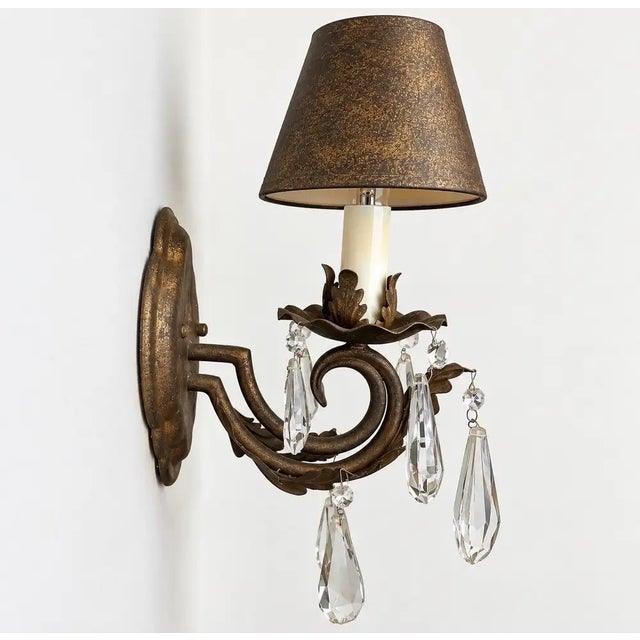Traditional 1960s French Regency Style Bronze Wall Sconces With Crystal Drops and Shades, a Pair For Sale - Image 3 of 13