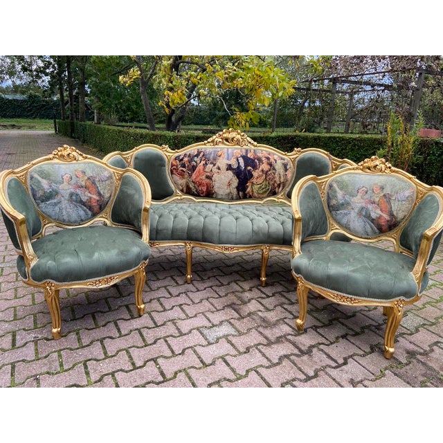1950's Louis XVI Living Room Set Green Velvet - 3 Pieces For Sale - Image 12 of 13
