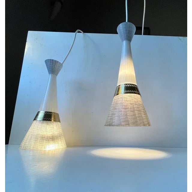 Mid-Century Modern Mid-Century Modern Italian Glass and Brass Pendant Lights from Stilnovo, 1950s, Set of 2 For Sale - Image 3 of 12