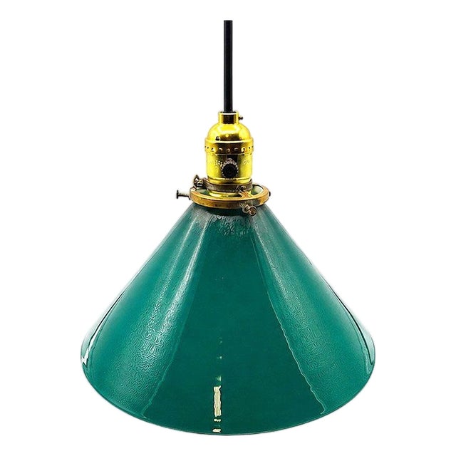 1920s Art Deco Banker/Poker Brass Hanging Ceiling Light W/ 10" Green Glass Shade For Sale