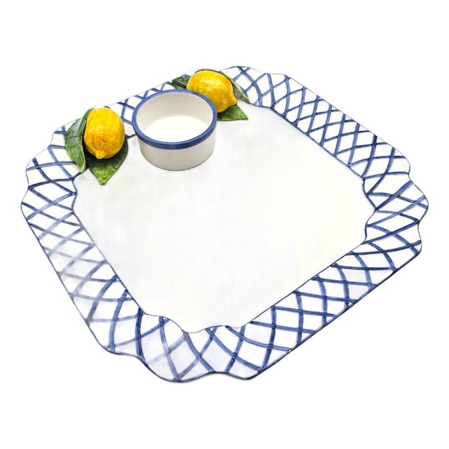 Italian Lemon Ceramic Serving Tray With Blue Lattice Rim 15" For Sale