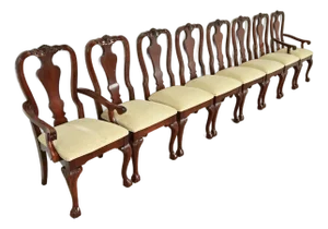 Thomasville Chippendale Carved Cherry Wood Dining Chairs, Set of Eight