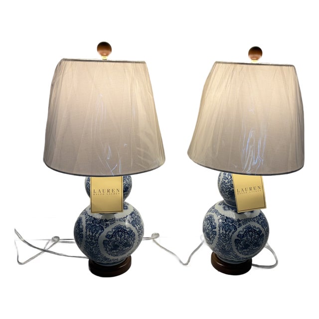 Ralph Lauren Chinoiserie Double Gourd Porcelain Lamps. A Pair For Sale