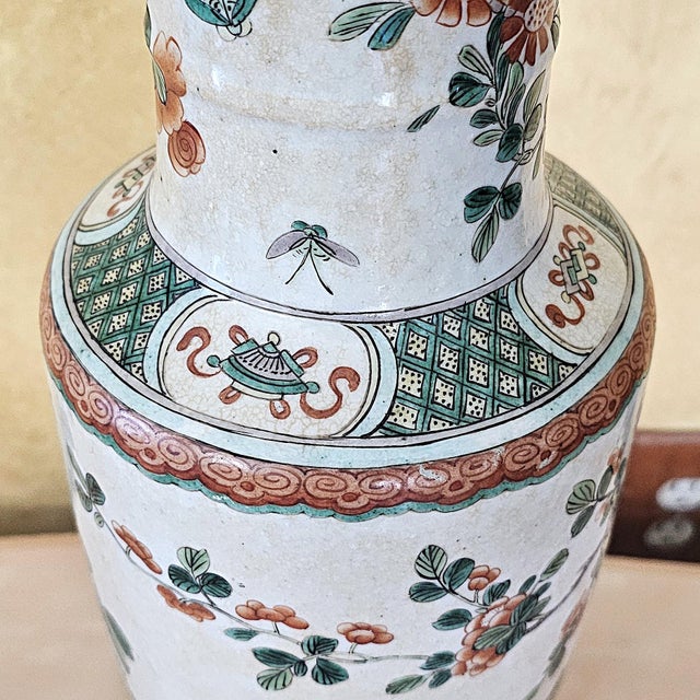 Vintage Chinese Famille Verte Style Porcelain Table Lamp With Hand Painted Birds & Peonies For Sale - Image 12 of 18