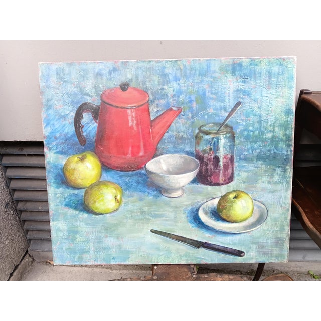 Blue Old French Original Oil Painting 1960 For Sale - Image 8 of 12
