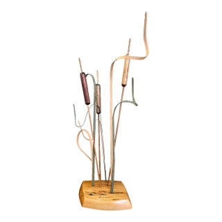 1980s Handcrafted Wooden Cattail a Sculpture by Wood N' Things, Minnesota Studio Craft Botanical Art For Sale