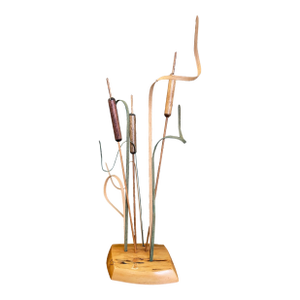 1980s Handcrafted Wooden Cattail a Sculpture by Wood N' Things, Minnesota Studio Craft Botanical Art