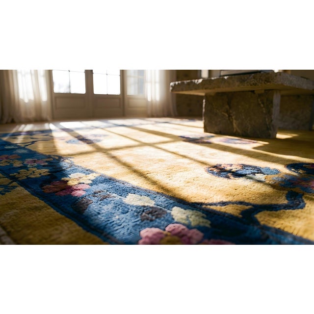 1920s Goldenord Floral Medallions Antique Chinese Art Deco Carpet 9' X 11' 7" Knotted Wool Rug For Sale - Image 11 of 12