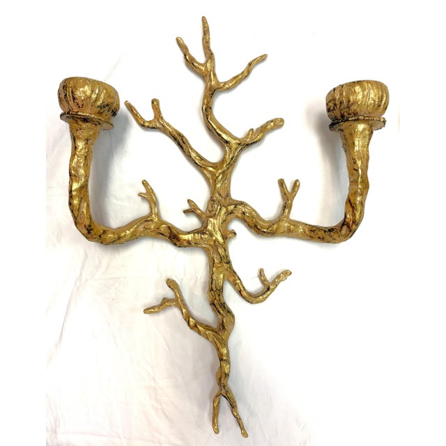 Late 20th Century Vintage Felix Agostini Style Gold Faux Bois Branch Candle Wall Sconces- A Pair For Sale - Image 5 of 15