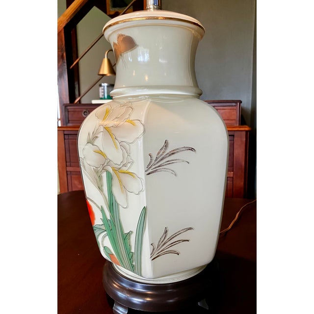 Vintage Asian-Inspired Ceramic Table Lamp With Floral Motif For Sale In Milwaukee - Image 6 of 11