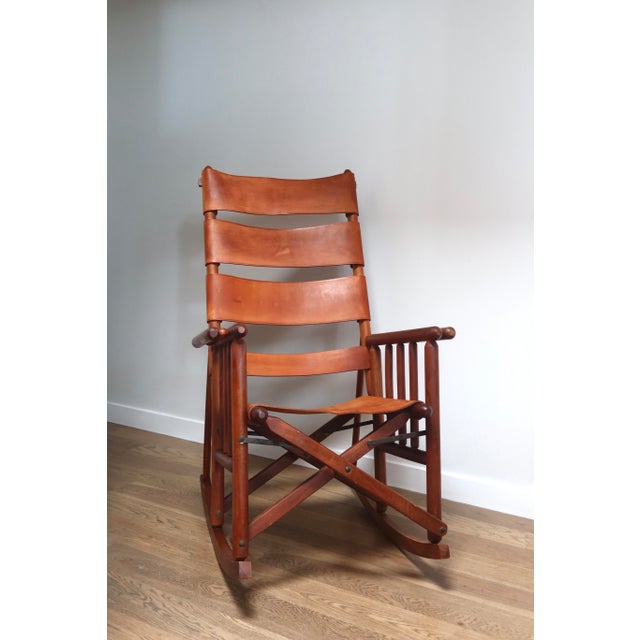 Mid-Century Modern Costa Rican Leather Campaign Folding Rocking Chair For Sale - Image 4 of 7