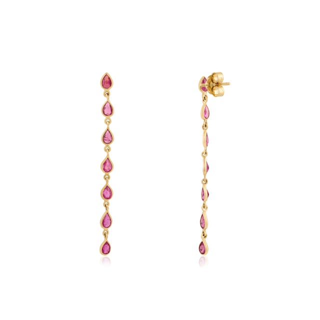 VRJewels Modern Long Linear Drop Earrings With Pear Ruby Accents- A Pair For Sale In New York - Image 6 of 12