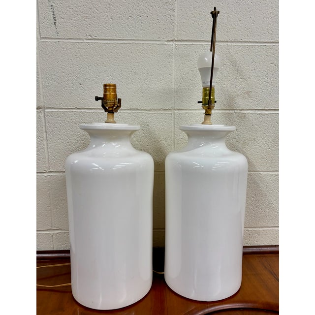 White Vintage Ceramic Jar Bucket Urn Lamps, Flat White Glazed - Pair For Sale - Image 8 of 11
