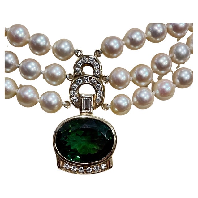 18Ct Green Tourmaline & 2.5Ct Diamond Necklace 14 KY Gold & Triple Pearl Layers For Sale - Image 18 of 18
