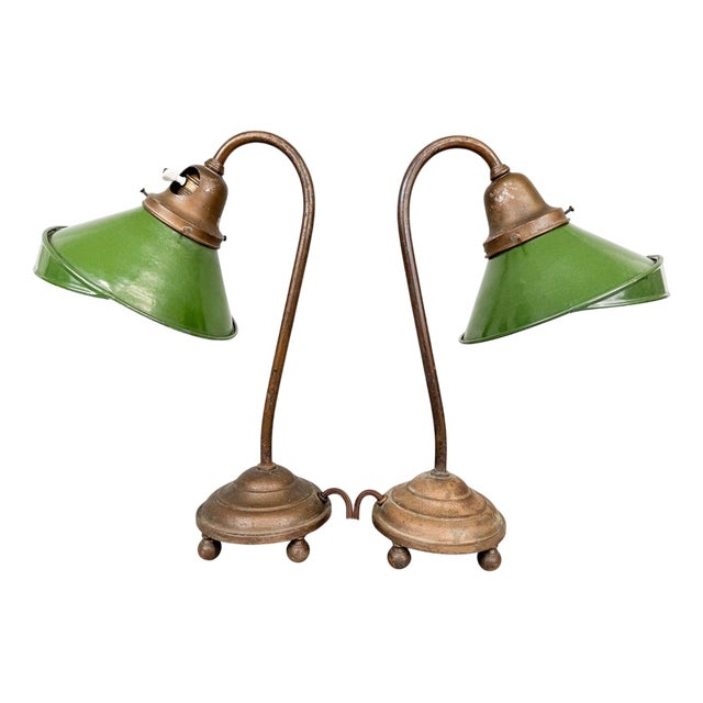 Enamel & Cast Iron Desk Lamps, Former Czechoslovakia, 1920s, Set of 2 For Sale