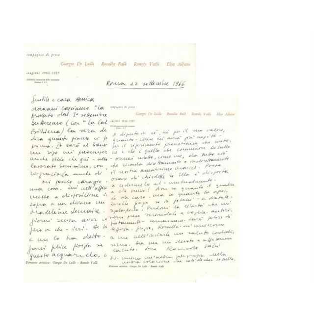 Romolo Valli, Letter by Romolo Valli To Countess Pecci Blunt, 1966 For Sale