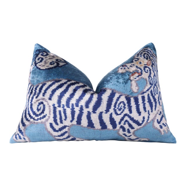 Handmade Blue Velvet Tiger Pillow – 16x24" Silk Accent Cushion For Sale