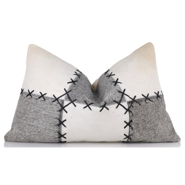 2020s Luxury White & Gray Genuine Cowhide Leather Patchwork Throw Pillow 16x24 | Handmade Designer Lumbar Cushion For Sale - Image 5 of 9