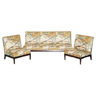 Three Piece Suite Sofa & Armchairs in Mulberry Flying Ducks by George Smith Norris, Set of 3 For Sale