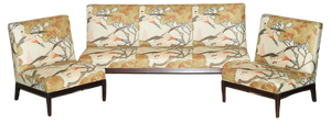 Three Piece Suite Sofa & Armchairs in Mulberry Flying Ducks by George Smith Norris, Set of 3