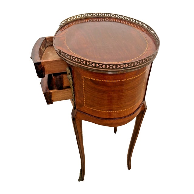 Wood 1920s Oval Accent Table Nightstand Three Drawers, Inlays, Brass Accents French Style For Sale - Image 7 of 12