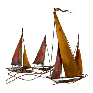 Signed C. Jeré Artisan House Sailboat Regatta Brass Copper Brutalist Mid-Century Modern Wall Sculpture For Sale