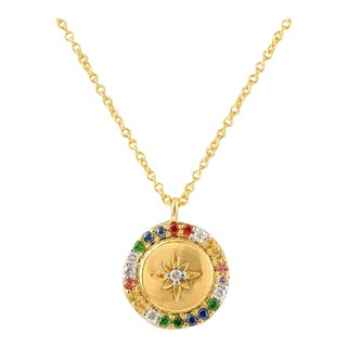 18k Solid Gold Multi Sapphire Disc Pendant Necklace For Sale