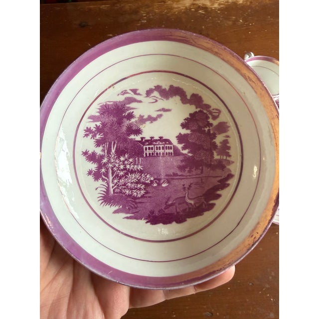 1805 Rare Antique Set of Four Pink Lustre and Bat Printed Pearlware Handled Cups and Saucers, Attributed to Thomas Wolfe - Set of 8 For Sale - Image 9 of 17