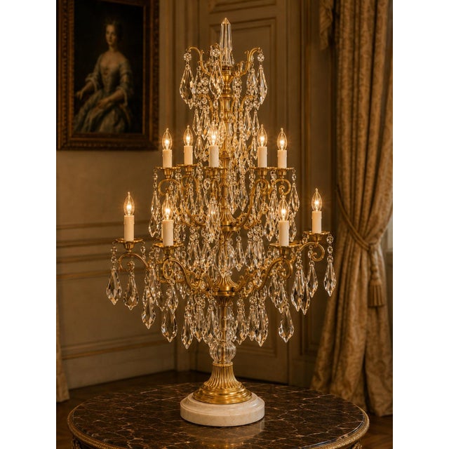 1990 French Louis XVI Gold Bronze Crystal Candelabra Table Lamp For Sale - Image 16 of 16