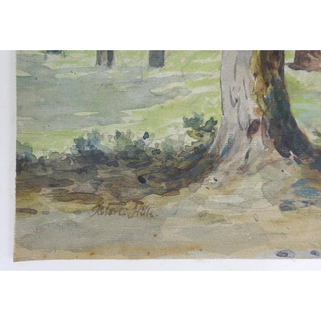Antique early 19th century watercolor on laid paper by Robert Hills (British 1769-1844) deer in forest clearing. Signed...