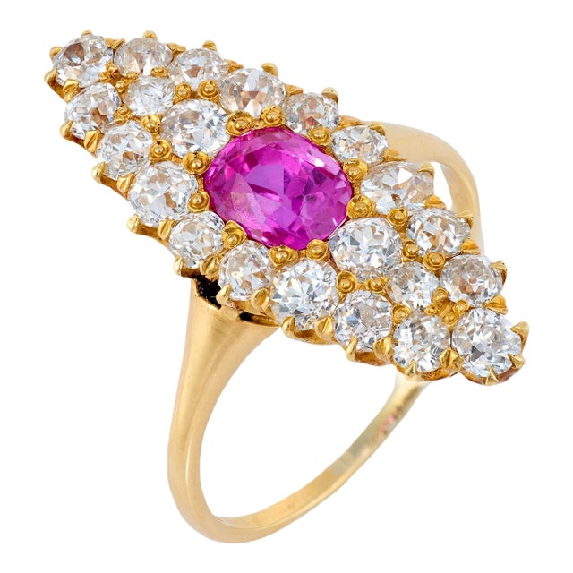 Late 19th Century Victorian Gia Burma No Heat Pink Sapphire Diamond Navette Ring, Size 8.75 For Sale