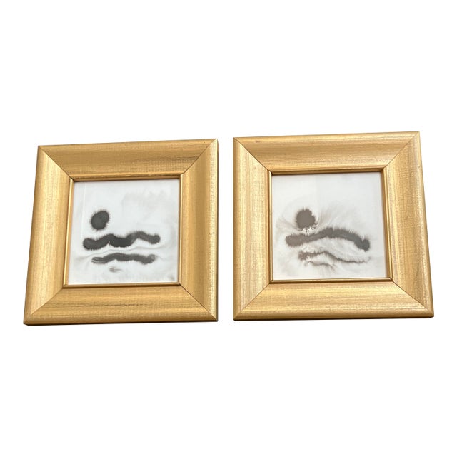Contemporary 2 Original Abstract Ink Painting Gold Frames-a Pair For Sale