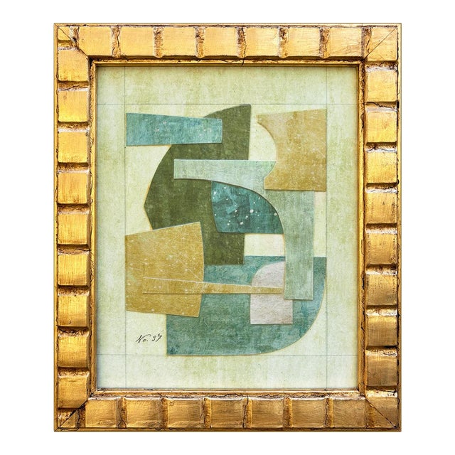 Contemporary "Celadon" Collage in Vintage Mid-Century Frame For Sale