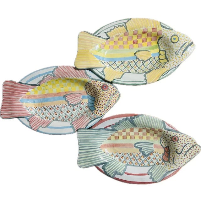 American Mackenzie-Childs Hand Painted Terracotta Fish Platters or Wall Decor - Set of 3 For Sale - Image 3 of 9