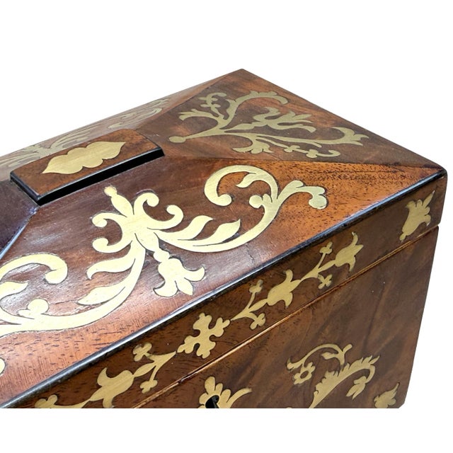 Hollywood Regency Regency Brass Inlaid Mahogany Tea Caddy, 1815 For Sale - Image 3 of 13