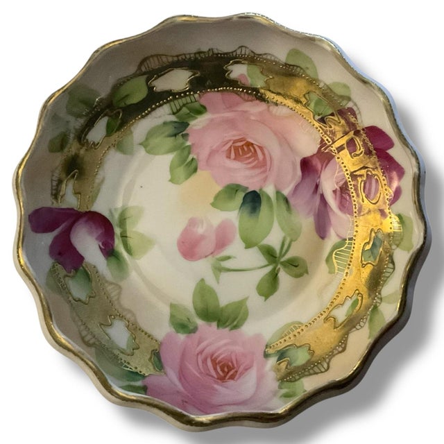 Antique hand-painted porcelain footed bowl from the Nippon era (circa 1891–1921), produced in Japan for the American...