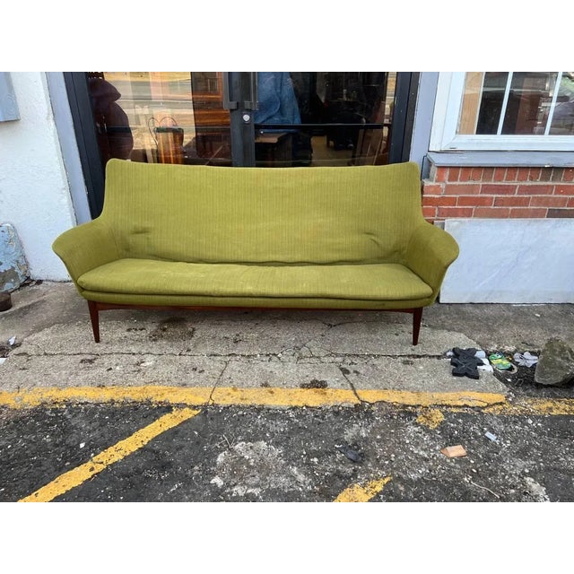 Hans Olsen for Bramin Teak Frame Moss Green upholstered Sofa Mid Century Teak 1950s. Upholstery is useable as is . It will...