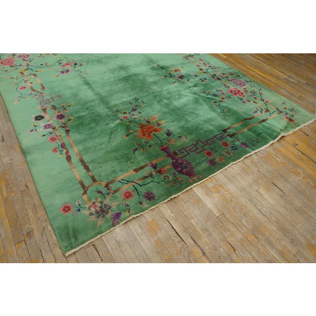 Outstanding Jade-Green Background Color With Details of Purple Flowers Vases in a Floral Design Chinese Art Deco Rug For Sale In New York - Image 6 of 15