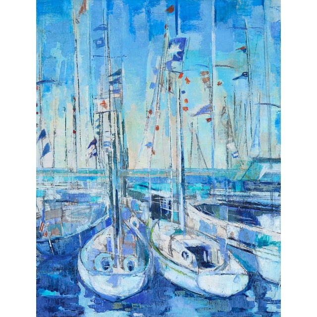 Stylized depiction of a harbor scene in monochrome blues with abstracted elements by Martha Scurlock (American, 20th...