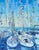 Stylized depiction of a harbor scene in monochrome blues with abstracted elements by Martha Scurlock (American, 20th...