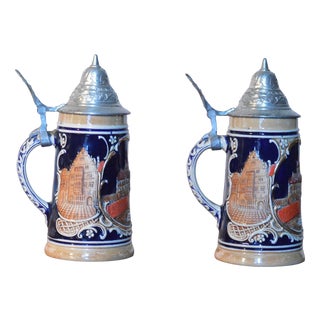 Glazed Stoneware Beer Mugs, 1930s, Set of 2 For Sale