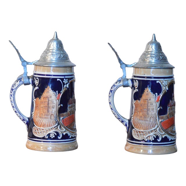 Glazed Stoneware Beer Mugs, 1930s, Set of 2 For Sale