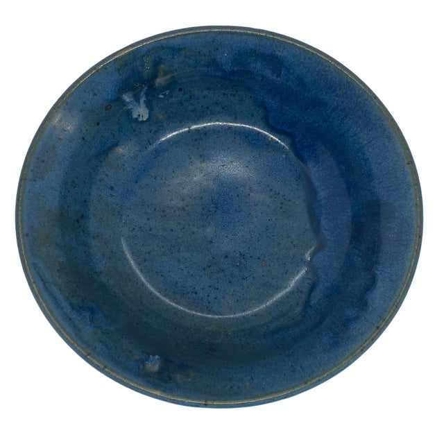 Contemporary Late 20th Century Contemporary Ceramic Pottery Oblong Blue Black Bowl For Sale - Image 3 of 12