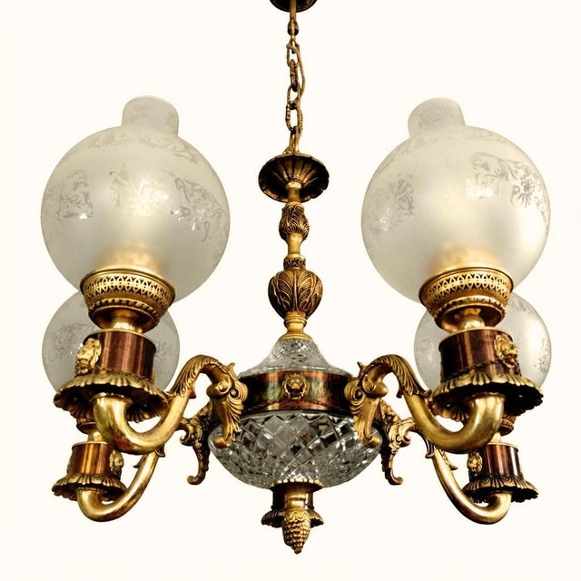 Vintage Empire Victorian French 5-Arm Brass Lion Head Chandelier with Etched Globes and Crystal Glass, 1950s For Sale - Image 6 of 17