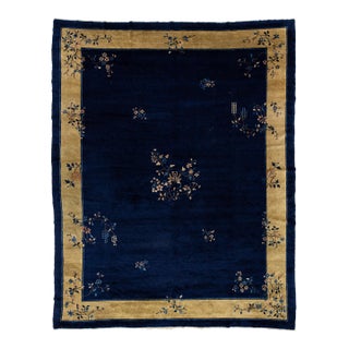 1920s Antique Chinese Art Deco Wool Rug in Midnight Blue & Ochre Gold For Sale
