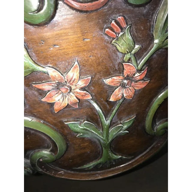 Carved Dark Wood Entry Console With Hand Painted Flowers / Brown With Green Border and Pink Flowers / Transitional Decor For Sale - Image 4 of 5