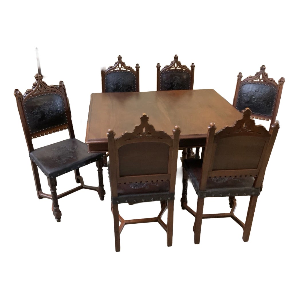 Antique Neo-Gothic Dining Set with Extendable Table and Chairs, 1880 ...